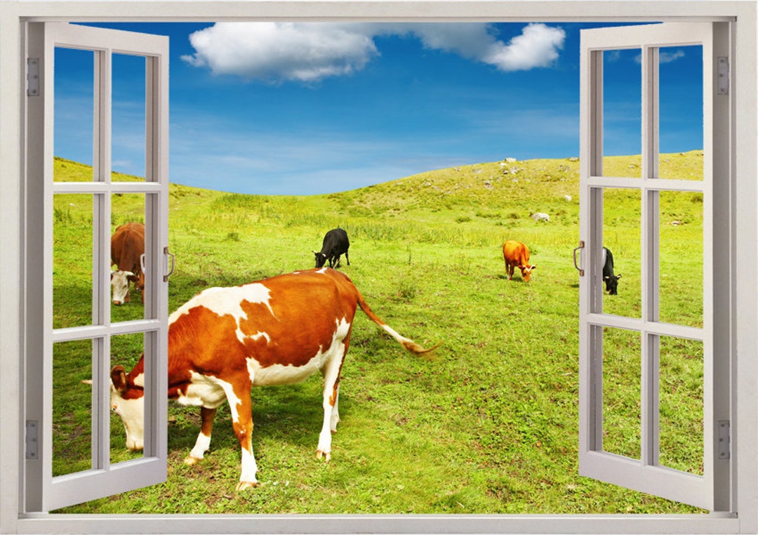 Cows Wall Sticker Mountain 3D Window, Cows in Field Wall Decal for Home ...