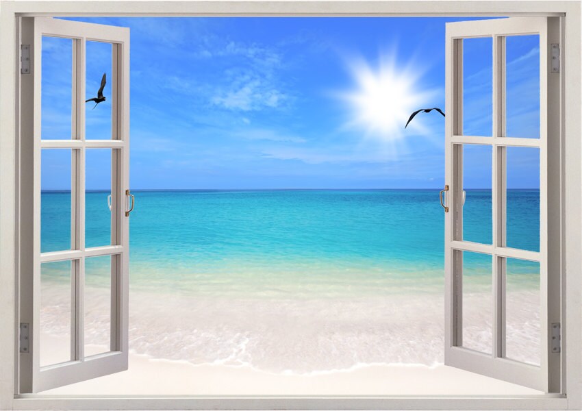 Décal Mural 3D Plage Et Ciel Bleu - Sticker Décoration Intérieure - 72 Cm