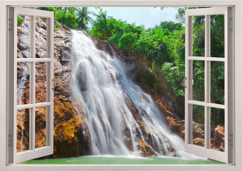 Waterfall wall sticker 3D window, river wall decal for home decor, waterfall vinyl wall art for nursery children mural home decoration 043 image 1