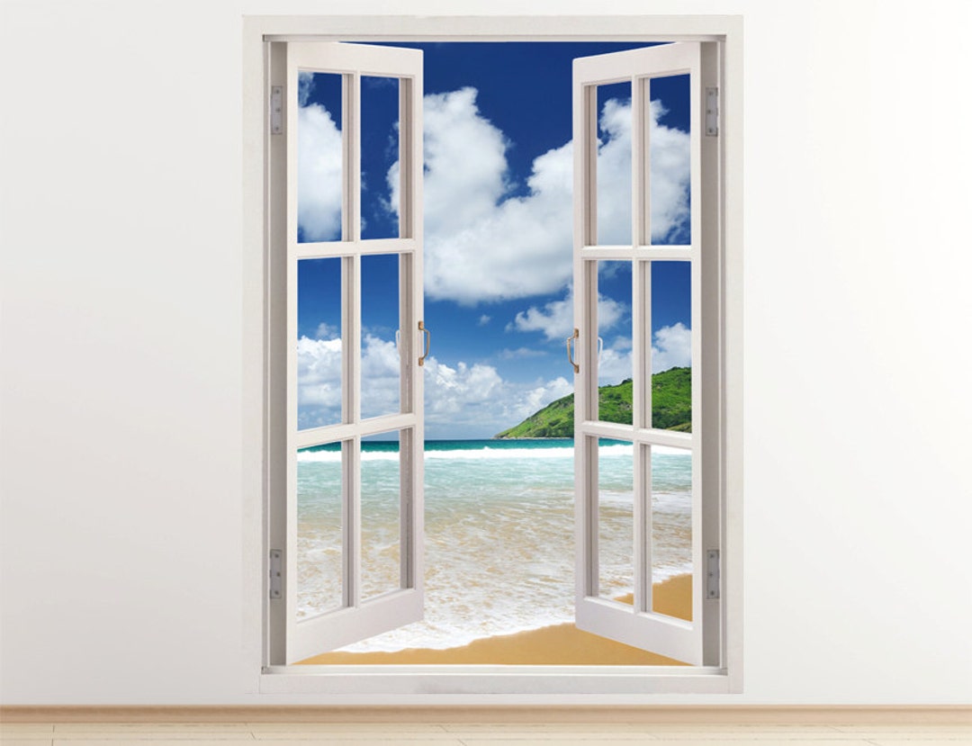Beautiful Beach Wall Decal Vertical 3D Window, Beach Wall Sticker