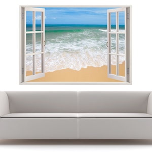 stunning tropical beach wall decal 3D window, coast wall decals for children room design, colorful ocean wall decals for nursery decor 255 image 3