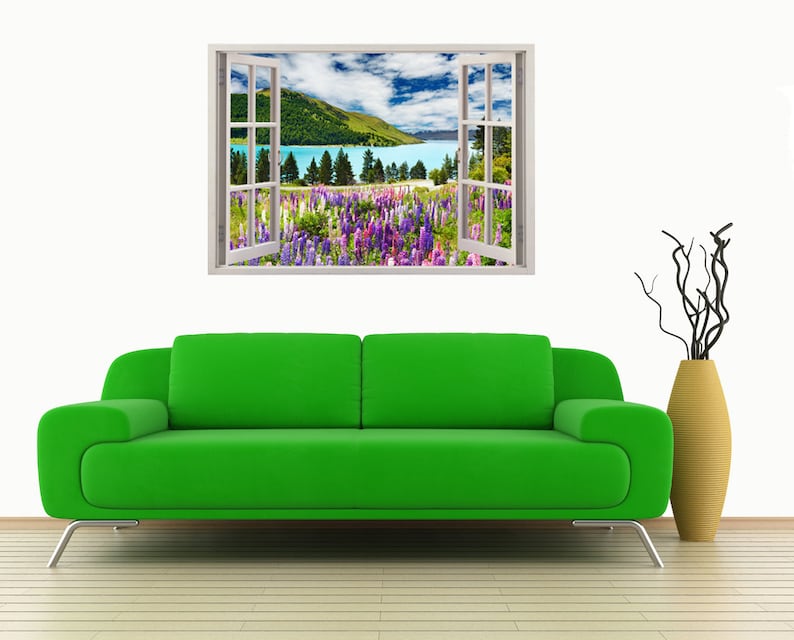 081 colorful flowers wall art for nursery kids home decoration Landscape wall decal for home decor Lake wall sticker flowers 3D window