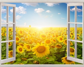 Sunflower wall decal 3D window,sunflower field decal landscape wall sticker for home decor, meadow wall art print sunflowers sun sky [012]