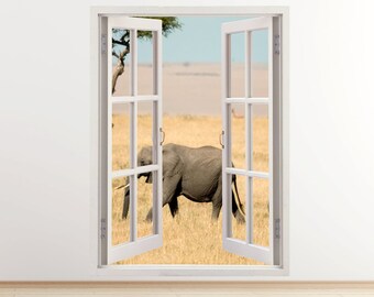 Elefanten Wand Aufkleber vertikale 3D-Fenster für Kinderzimmer gestalten, Deseet Wand Aufkleber Elefanten Wohnkultur, bunte Elefanten Wandkunst [125]