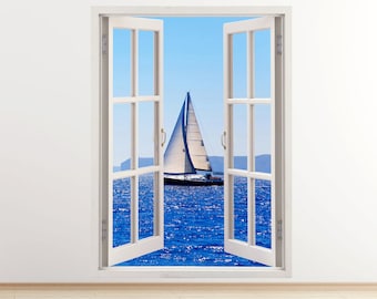 sailboat wall decal boat vertical 3D window, boat decal for room decor, colorful sail boat wall art for nursery children room design [152]