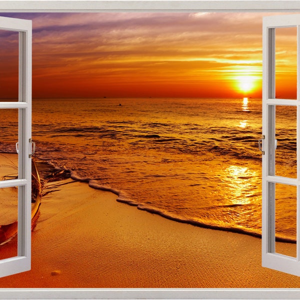 Sonnenuntergangsstrand Wand Aufkleber 3D-Fenster, tropischen Strand Wand Aufkleber für Wohnkultur, bunte Küste in Thailand Wandkunst für Heimtextilien [062]