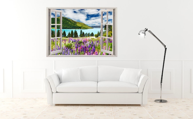 081 colorful flowers wall art for nursery kids home decoration Landscape wall decal for home decor Lake wall sticker flowers 3D window