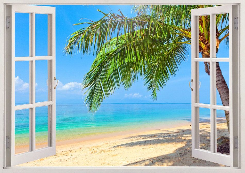 Beach Ocean Palm Trees Window View Repositionable Color Wall Sticker Mural 3 FT 