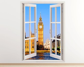 Big ban wall decal vertical 3D window, London wall sticker UK, colorful London city and Westminster wall art decoration united kingdom [096]