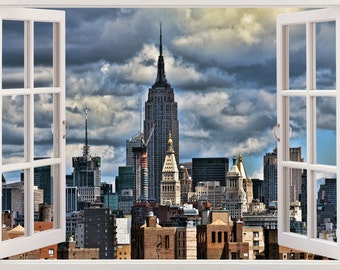 New york skyline wall decal 3D window design, New york wall sticker NY room decor, colorful NYC buildings wall art for home decoration [236]