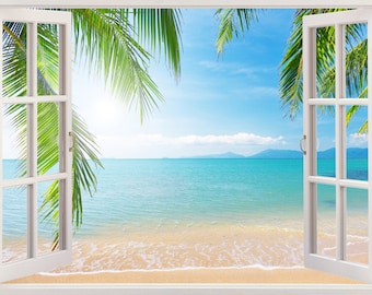 Beach wall decal 3D window, tropical coast wall decal for living room and bedroom, coast wall art for kids nursery children decoration [164]