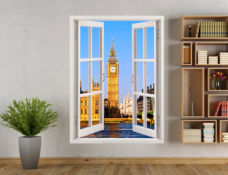 096 London wall sticker UK colorful London city and Westminster wall art decoration united kingdom Big ban wall decal vertical 3D window