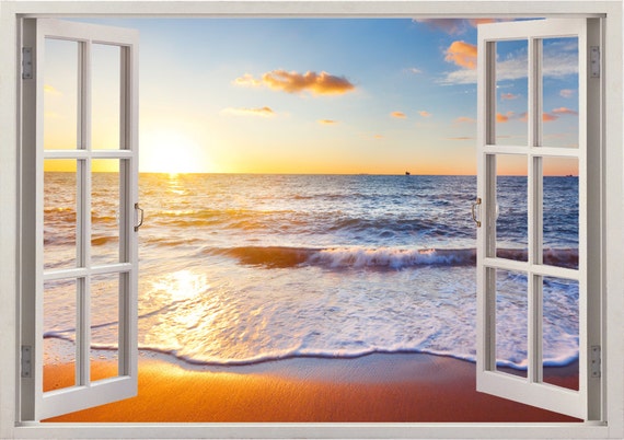 Pink Sea Beach Sky Landscape Photo Window Wall Art Sticker Decal Transfer P3T 