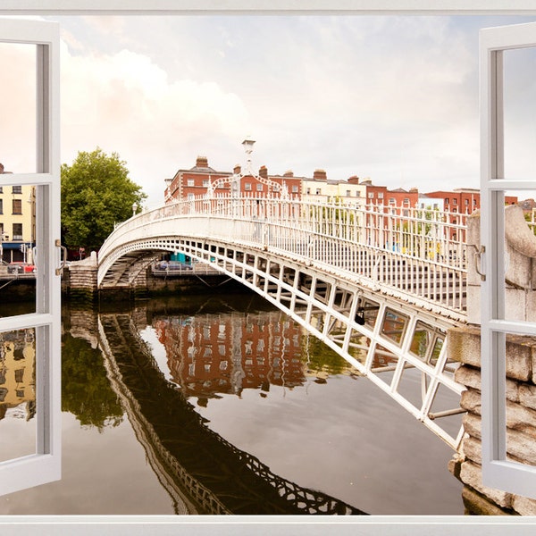 Hapenny bridge wall sticker 3D window,  Dublin Ireland bridge wall decal for home decor, colorful sunset wall art for home design [232]
