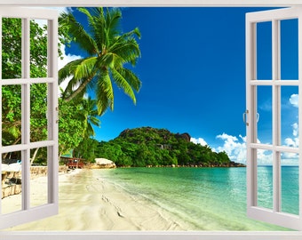 Tropical beach wall sticker 3D window, tropical coast wall decal for home design, tree wall art for kids nursery children decoration [252]