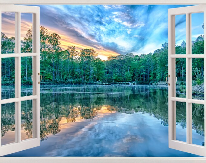 River Wall Sticker 3D Window Home Design Idea, River at Sunset Wall ...