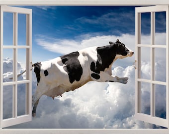 Flying cow wall sticker 3D window, sky wall decal for kids children room decor, colorful animal wall art for nursery home decoration [016]