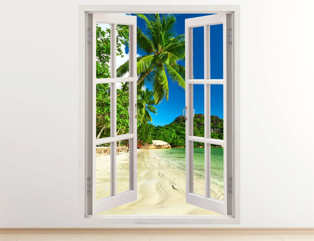 Tropical Beach Wall Decal Vertical 3D Window, Tropical Coast Wall Decal