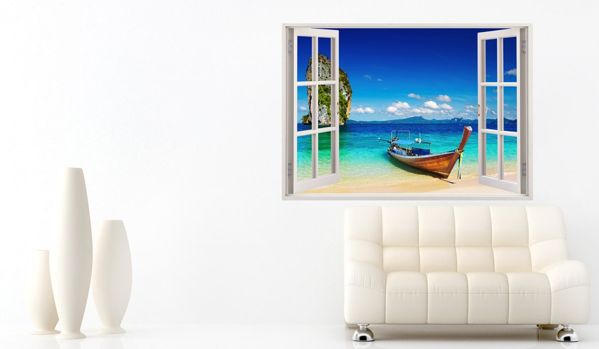 Tropical Beach Wall Sticker 3D Window Boat Wall Decal for Etsy