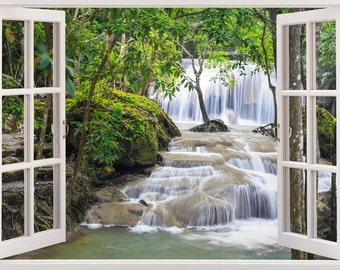 Waterfall wall art 3D window, Waterfall vinyl wall decal for nursery or bedroom, colorful forest mountain huge wall sticker decoration [218]