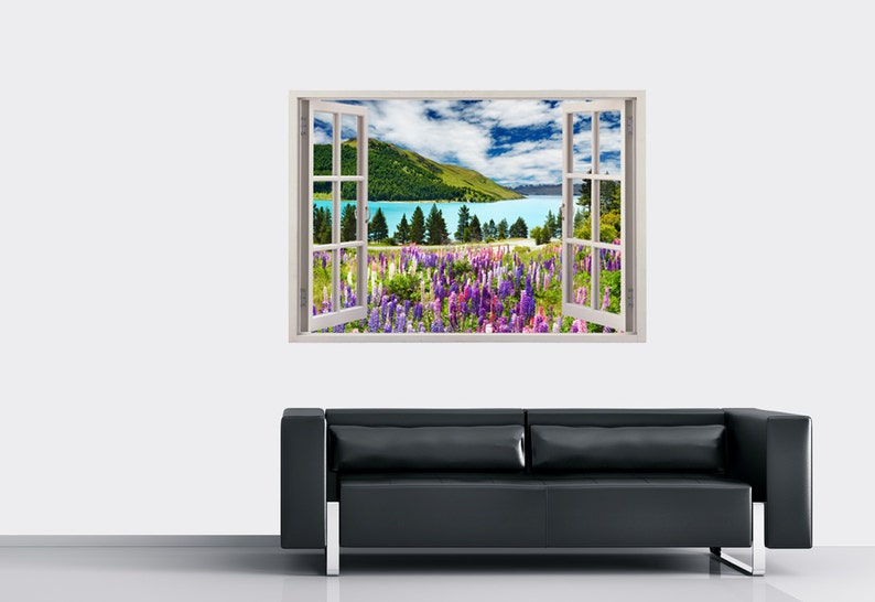 081 colorful flowers wall art for nursery kids home decoration Landscape wall decal for home decor Lake wall sticker flowers 3D window