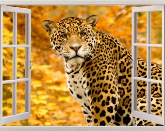 Jaguar wall decal 3D window, Panthera onca wall sticker for home decor, nature wildlife wall art for nursery children home decoration [090]