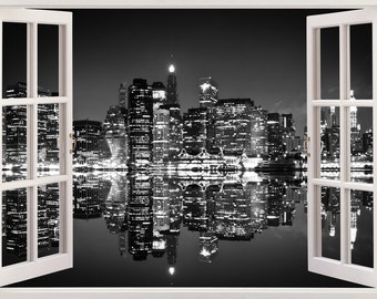 New york skyline wall sticker 3D window black and white, New york wall decal NY B&W for home decor, colorful city buildings wall art [239]