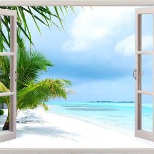 Beach Palm Trees Water Sea Side Ocean 3D Effect Window Wall View Sticker 231 Beach Palm Trees Water Sea Side Ocean 3D Effect Window Wall View Sticker 231