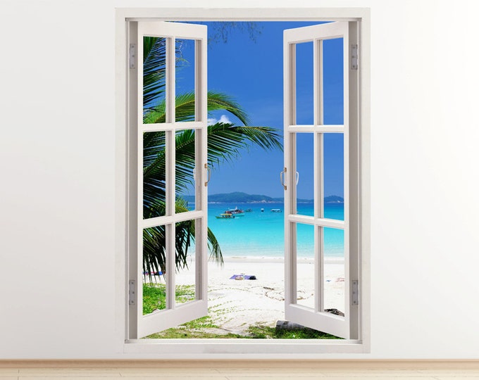 Beautiful Beach Wall Decal Vertical 3D Window, Beach Decal With Clear