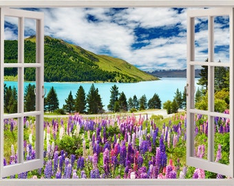 Lake wall sticker flowers 3D window, Landscape wall decal for home decor, colorful flowers wall art for nursery kids home decoration [081]