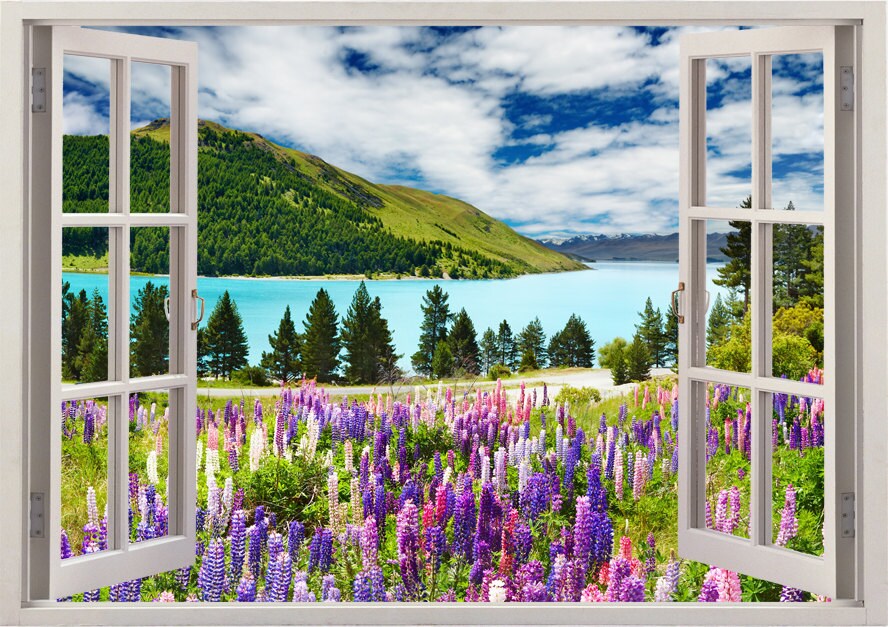 Wand-Tattoo Wand-Bild Fenster Landschaft Steg Natur Berge See