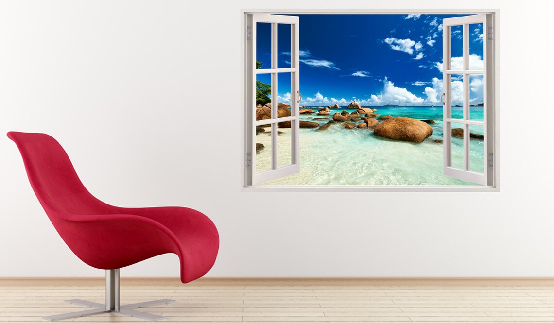 Colorful Beach Wall Art 3D Window Blue Beach Wall Decal Etsy