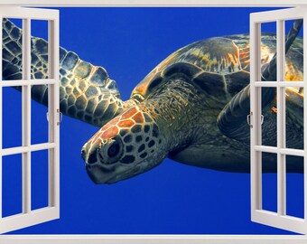 Green turtle wall sticker 3D window decor, turtle wall art for home design, colorful sealife wall decal for home decoration underwater [247]