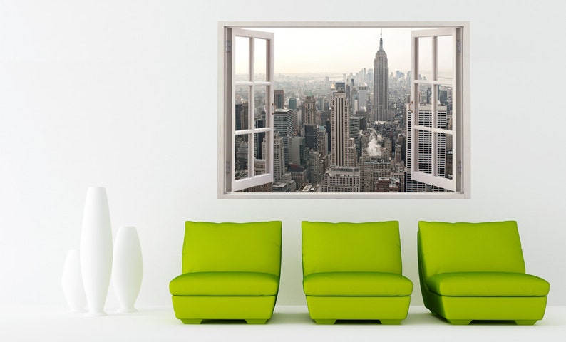 colorful NYC city skyline buildings wall art home decoration New york wall sticker 3D window 058 New york wall decal NY for home decor