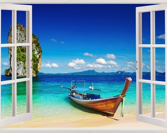 Tropical beach wall sticker 3D window, boat wall decal for room decor, large beach wall art vinyl mural for home nursery kid children [178]