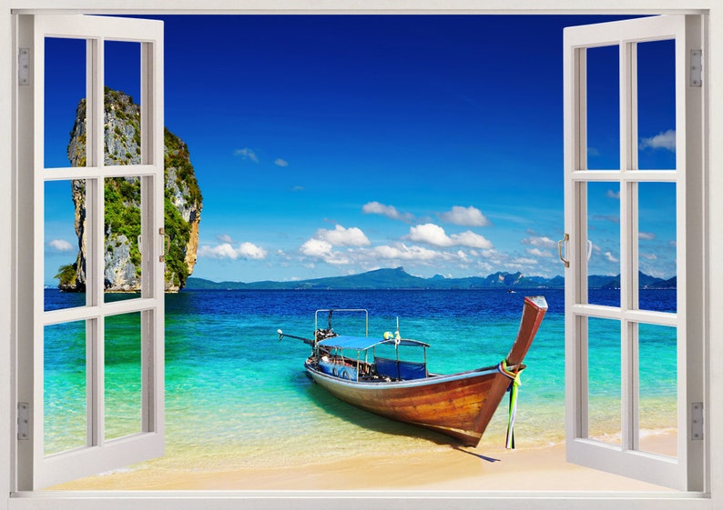 tropical beach wall sticker 3d window boat wall decal for | etsy