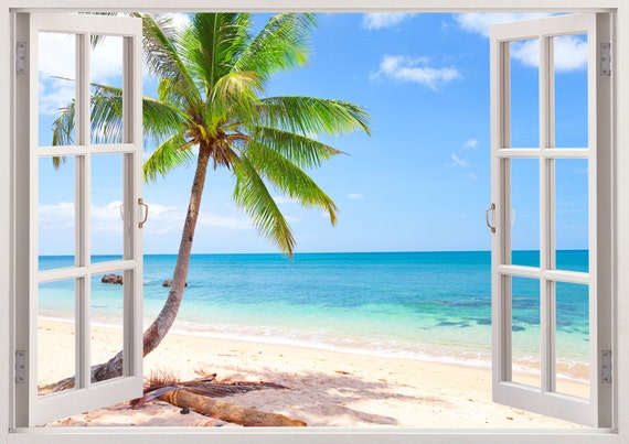 3D Window Tropical Palm Tree Beach View Wall Stickers Wall Decals. Wall Mural 
