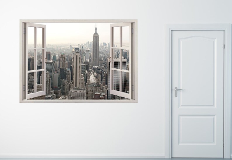 colorful NYC city skyline buildings wall art home decoration New york wall sticker 3D window 058 New york wall decal NY for home decor
