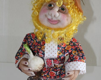 Dwarf .Textile sculptures in stocking art, art dolls, rad dolls, soft dolls,cloth dolls , rag dolls, 15"(38cm)  yellow