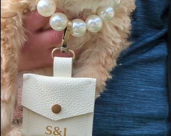 Dog Ring Bearer GENUINE LEATHER  Ring Pouch in White Ivory Colour with Pearl Necklace with Initials Personalization