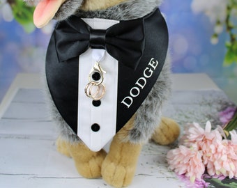 Dog Tuxedo Wedding Ring Bearer Bandana with Dog's Name on Tuxedo Personalization optional Ring Clasp Many Fabrics to chose from