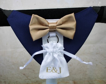 Dog Wedding Tuxedo Bandana  Ringbearer, Dog Wedding Attire, Small to Extra Large, Ring Clasp and Pouch with Initials, Choice of Colours