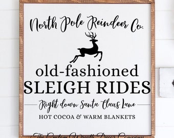 Old Fashioned Sleigh Rides Sign, North Pole Sign, Reindeer Sign, White Rustic Christmas Sign