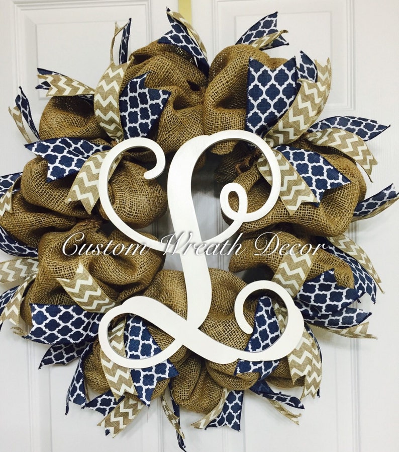 Monogrammed Wreath Nautical Decor Initial Wreath Navy Burlap Wreath