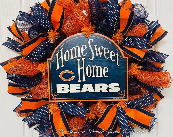 Chicago Bears Wreath, Chicago Bears Deco Mesh  Wreath, Home Sweet Home Chicago Bears Wreath