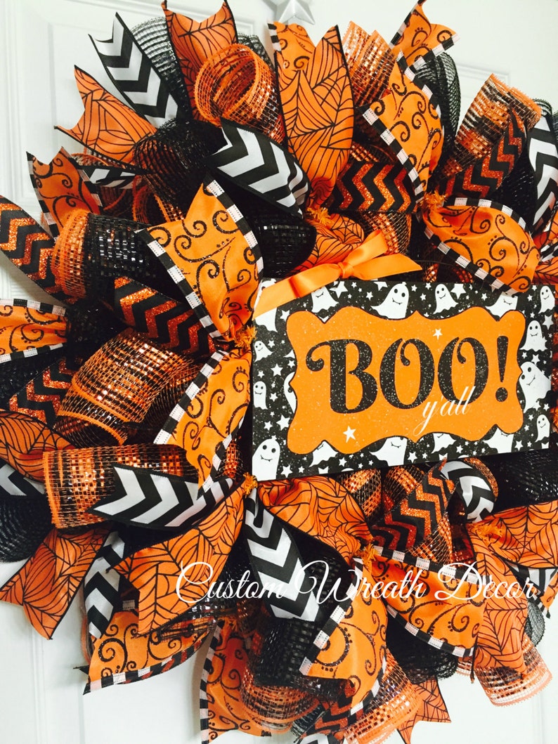Orange /& Black Halloween Wreath Spooky Wreath Scary Wreath Halloween Boo Wreath Sparkly Glitter Halloween Wreath Ghost Wreath