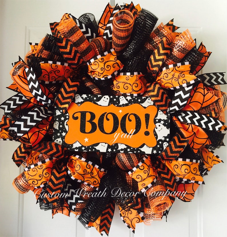 Orange /& Black Halloween Wreath Spooky Wreath Scary Wreath Halloween Boo Wreath Sparkly Glitter Halloween Wreath Ghost Wreath