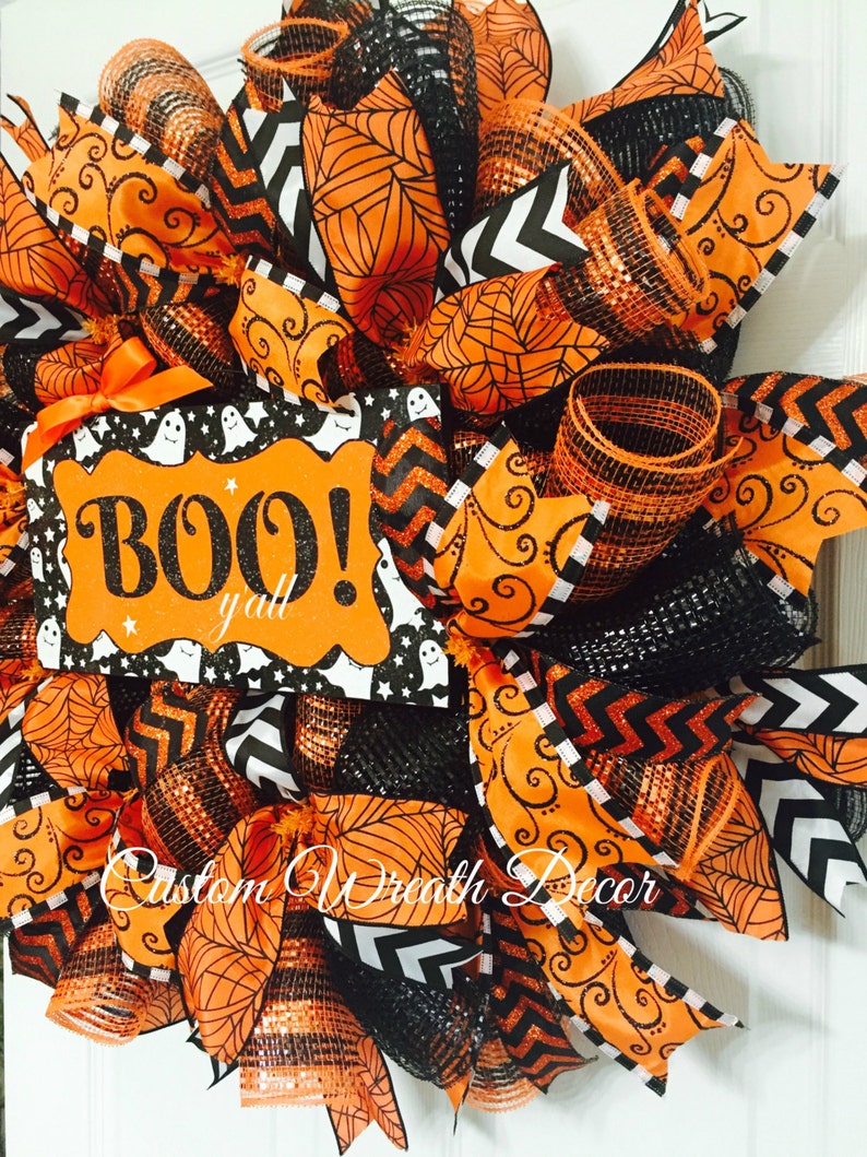 Orange /& Black Halloween Wreath Spooky Wreath Scary Wreath Halloween Boo Wreath Sparkly Glitter Halloween Wreath Ghost Wreath