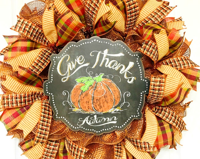 Give Thanks Fall Wreath, Fall Mesh Wreath, Autumn Mesh Wreath, Copper Fall Mesh Wreath, Autumn Front Door Wreath, Give Thanks Mesh Wreath