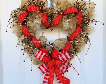 Valentine Heart Wreath, Valentine Decor, Burlap Heart Wreath